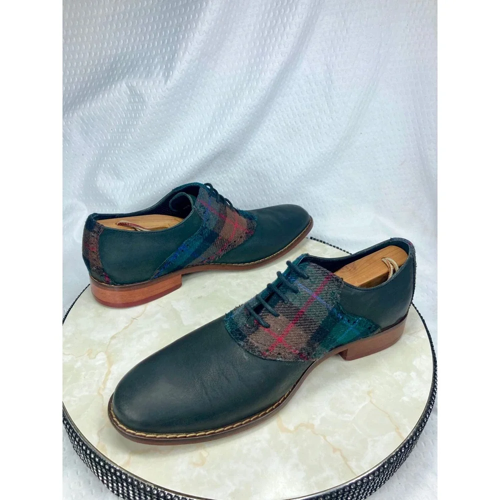 Cole Haan Plaid Wool Leather Oxford Dress Shoes Mens 8.5 Navy Academia Preppy
